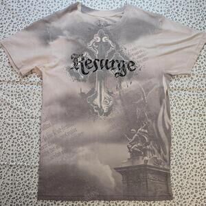 VTG Resurge Shirt Mens Small Gray Cross Graphic All Over Print Angel Statue USA
